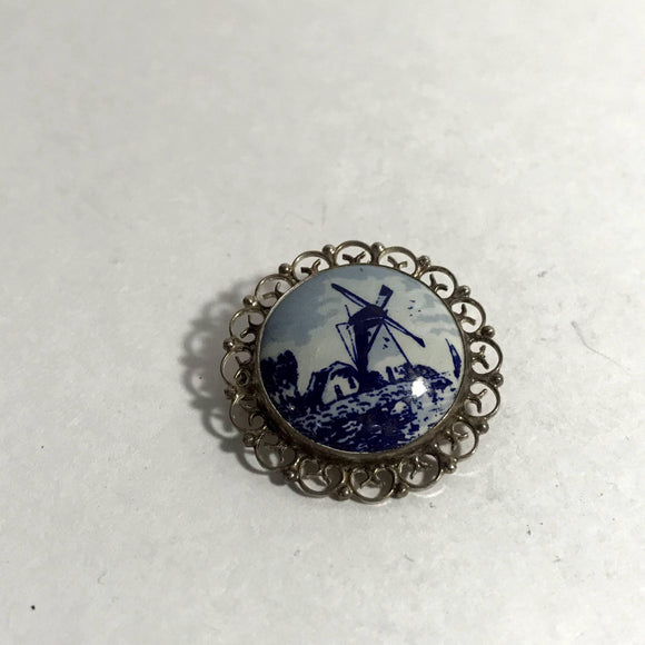 Vintage Sterling Silver Dutch Delft Brooch Filigree Framed