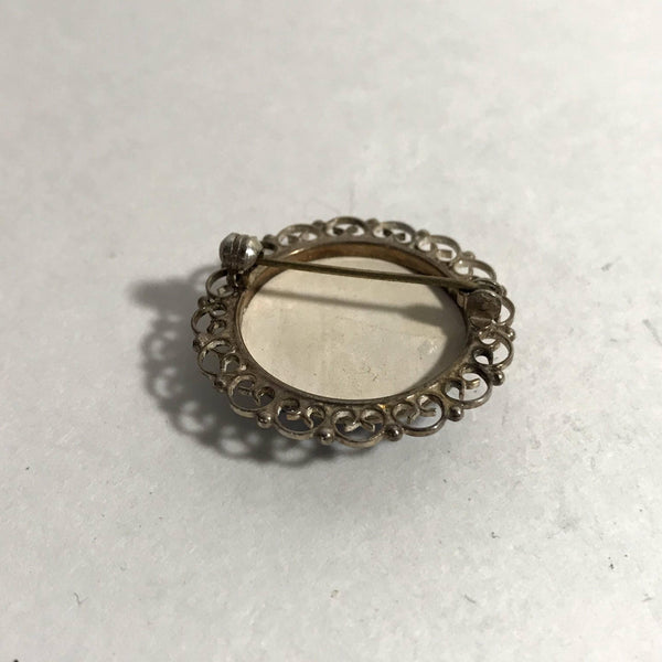 Vintage Sterling Silver Dutch Delft Brooch Filigree Framed