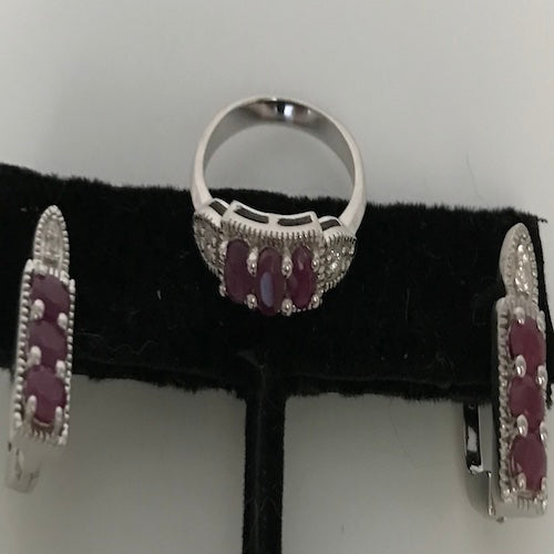Ruby and Zircon Ring and Earrings Jewelry Set
