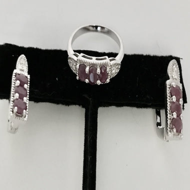 Ruby and Zircon Ring and Earrings Jewelry Set