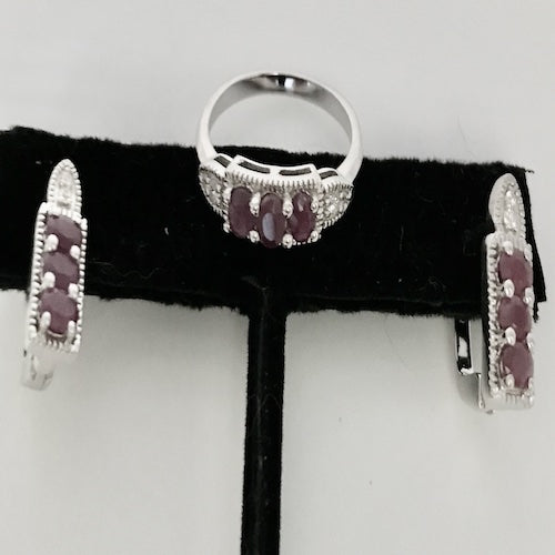 Ruby and Zircon Ring and Earrings Jewelry Set