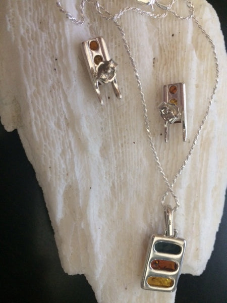 Vintage Tri-Color Amber Necklace & Square Cut Amber Earrings