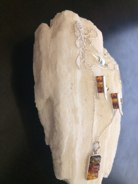 Vintage Tri-Color Amber Necklace & Square Cut Amber Earrings